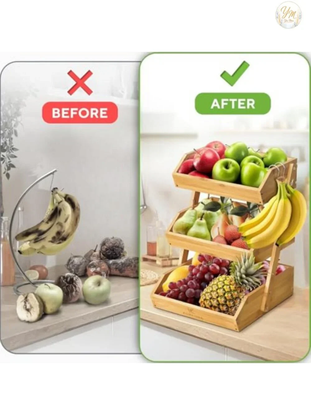 3 Tier Bamboo Fruit Basket with Wood Stand, Kitchen Counter Organizer